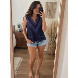 BCBGMAXAZRIA Blue Lace Sleeveless Top Silk Trim Pockets Boho Medium